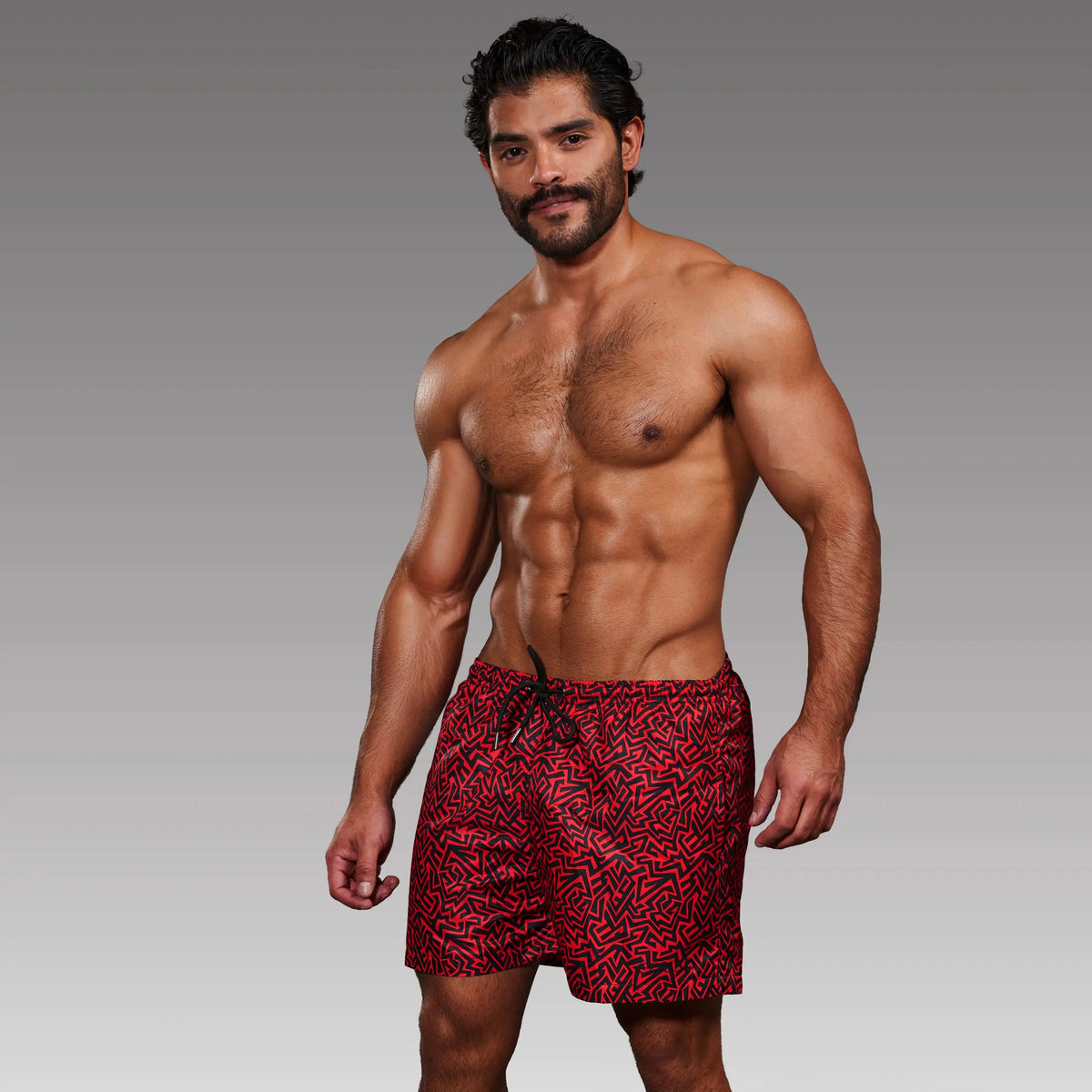Short Grecas Rojo hombre, vista de producto con estampado de grecas – EQUAL Swimwear