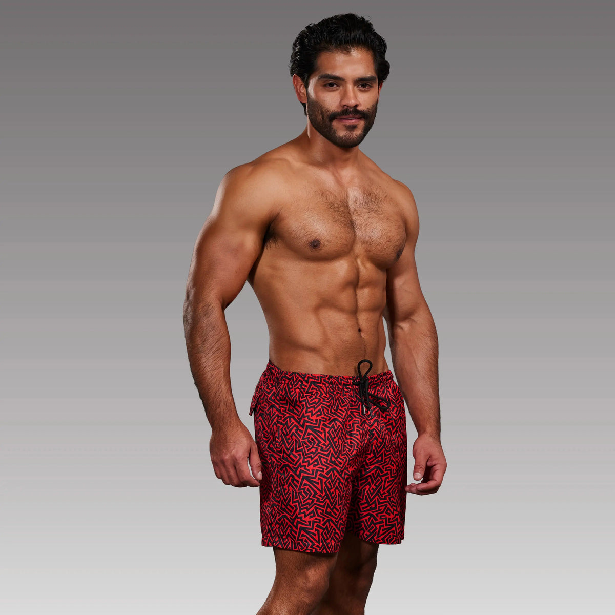 Short Grecas Rojo hombre, detalle de estampado de grecas – EQUAL Swimwear
