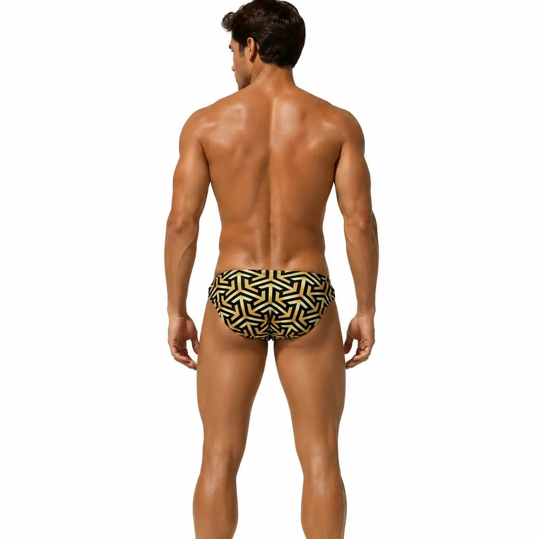 Brief Black & Gold hombre, vista lateral con estampado dorado – EQUAL Swimwear