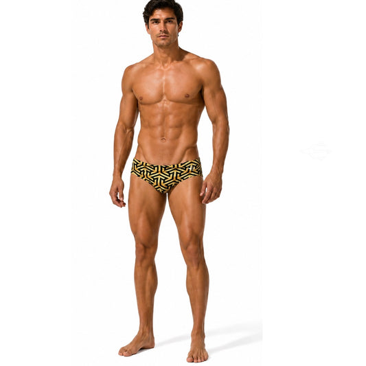 Brief Black & Gold, detalle de grecas doradas al frente | Equal Swimwear