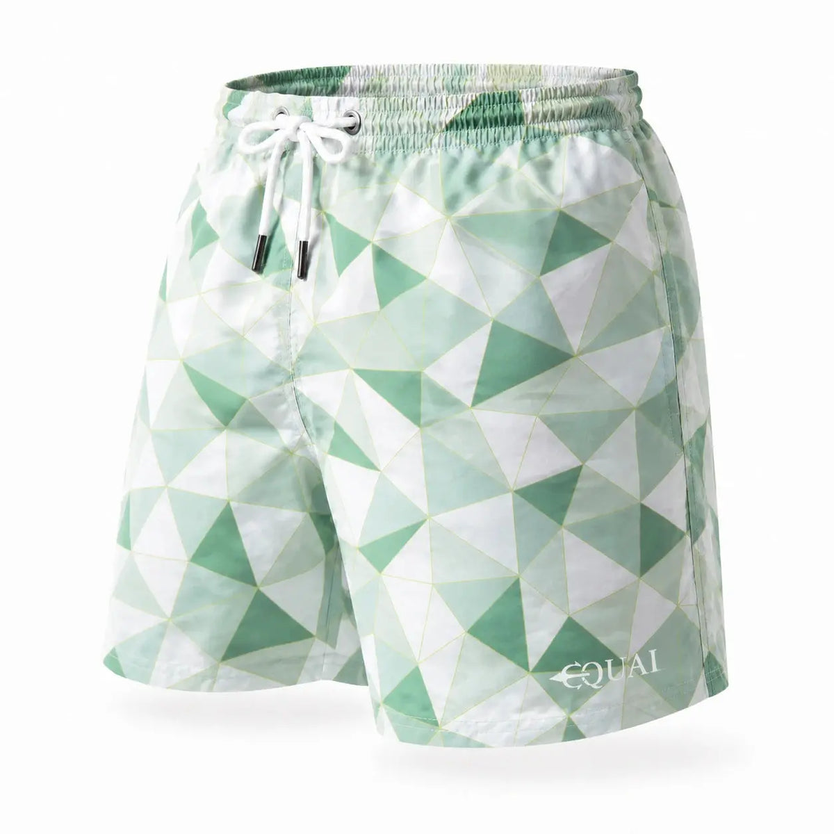Light green men's swim shorts, front view with geometric design by Equal Swimwear.