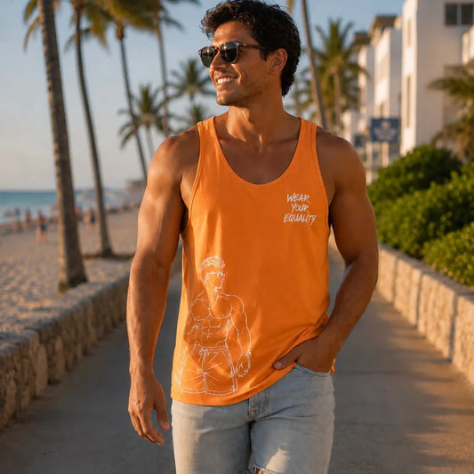 Tank Top Naranja Edición Limitada Pride vista de producto – Equal Swimwear, tela ligera
