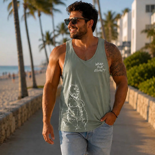 Tank Top Verde Olivo Bear Edición Limitada vista de producto – Equal Swimwear, tela ligera