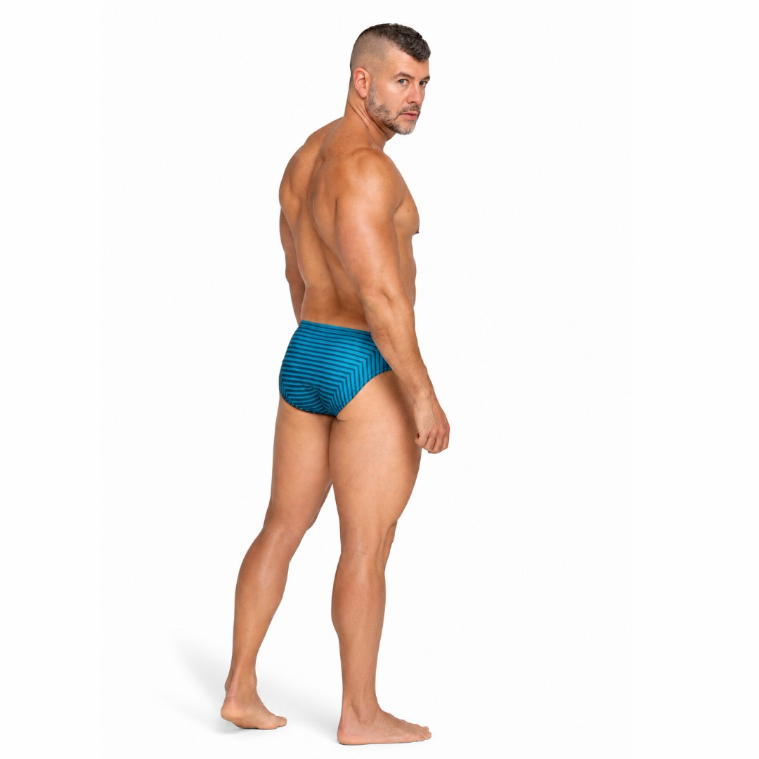 Traje de baño masculino azul Lines vista trasera modelo | Equal Swimwear