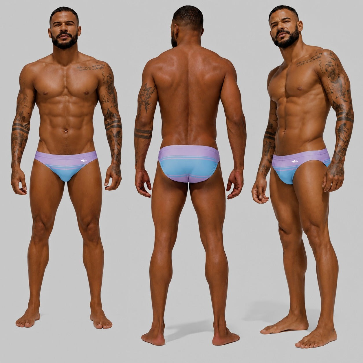 Bikini Shore Lila, tres vistas del diseño de franjas costeras | Equal Swimwear