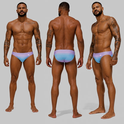Bikini Shore Lila, tres vistas del diseño de franjas costeras | Equal Swimwear