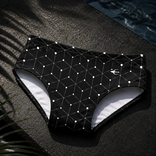 Brief Negro Cubos blancos vista trasera – Equal Swimwear, traje de baño para hombre, tela premium