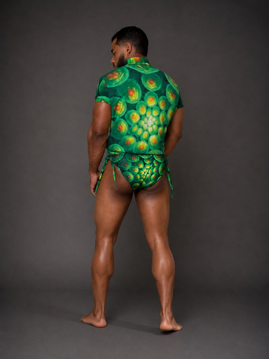 Equal Swimwear Conjunto Essence Verde Psique – El Enigmático – Bikini + Camisa hombre estampado verde – Vista Trasera