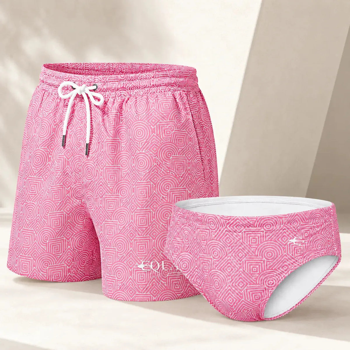 Brief + Short Geométrico Salmón – EQUAL Swimwear, set de traje de baño para hombre