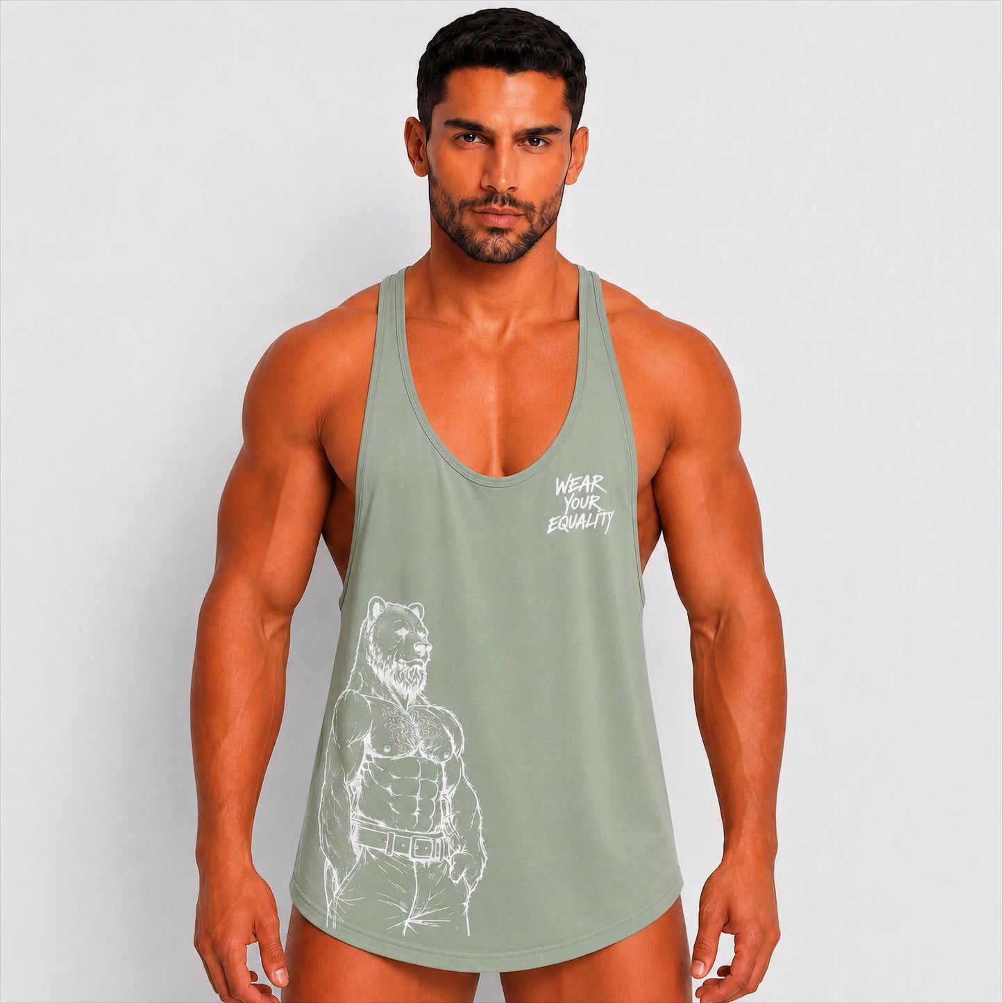 Tank Top Verde Olivo Bear Edición Limitada detalle del estampado – Equal Swimwear