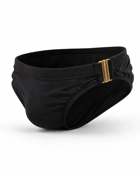 Bikini Iconic Negro para hombre con herrajes dorados, maniquí invisible vista 3/4 – Equal Swimwear