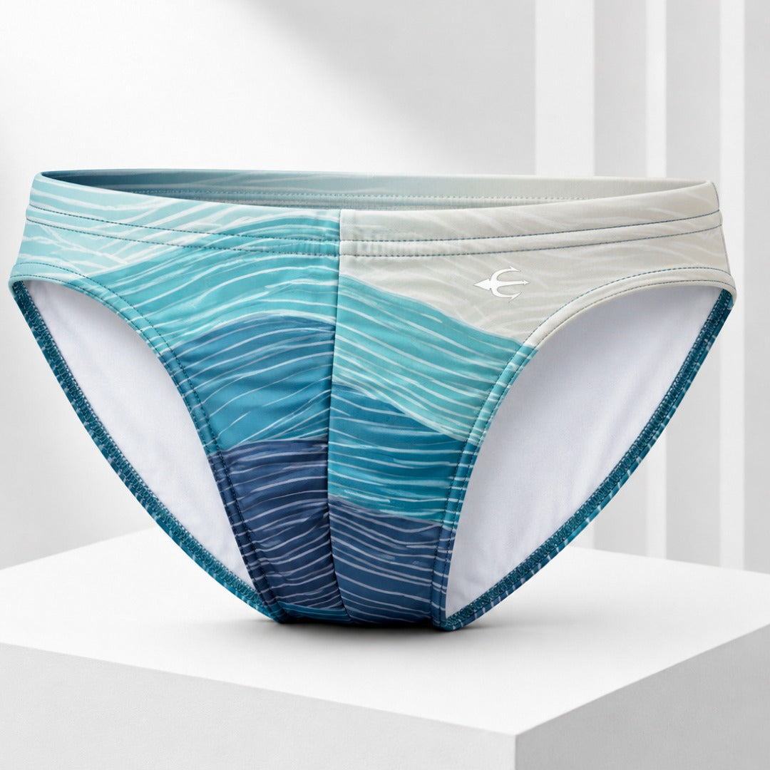 Bikini Wave Azul para hombre, patrón de olas, vista frontal de producto | Equal Swimwear