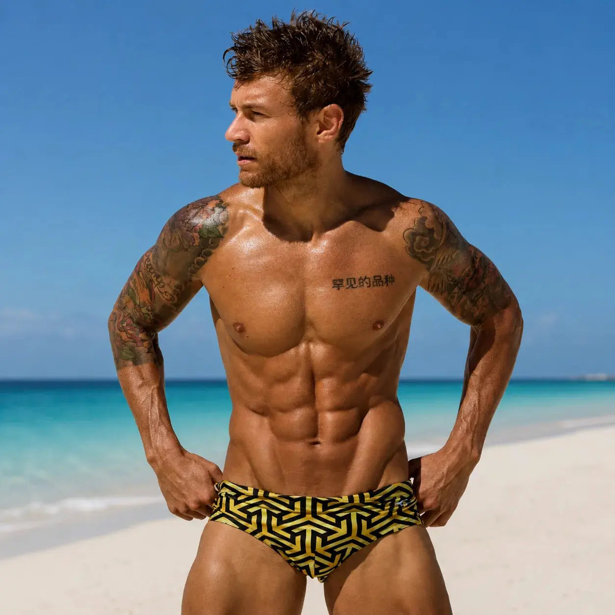 Brief Black & Gold detalle del estampado – Equal Swimwear, ropa de playa para hombre, corte cómodo