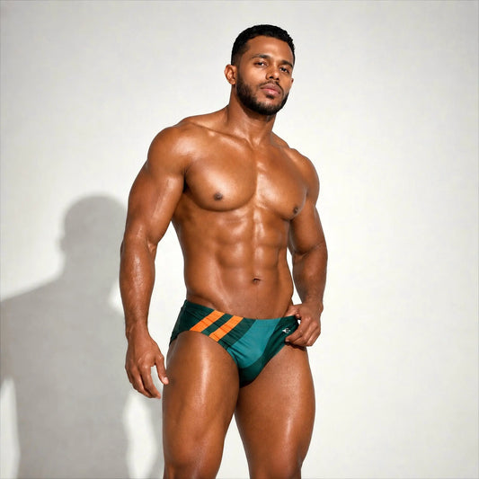 Green and orange men's swim briefs, sporty front view by Equal Swimwear.