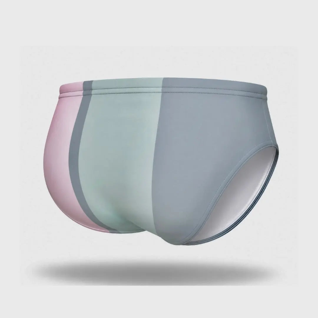 Gray men's swim briefs, coastal-style back view by Equal Swimwear.