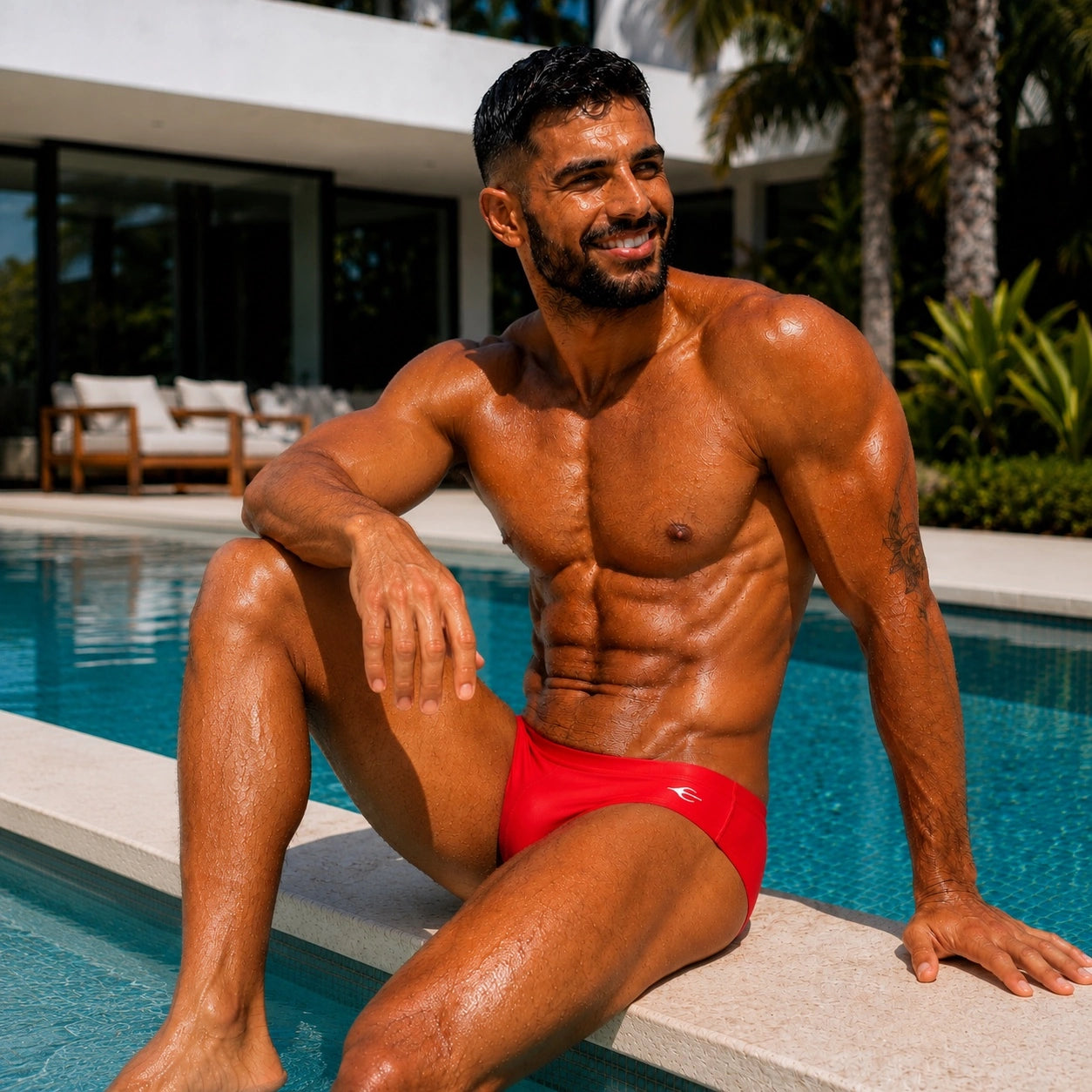 Brief Colors Rojo Equal Swimwear — brief de baño rojo para hombre, modelo en alberca, degradado rojo vibrante, secado rápido