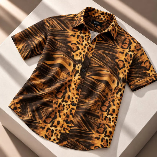 Camisa Essence Jaguar Ocre – camisa de playa para hombre manga corta, estampado jaguar EQUAL Swimwear