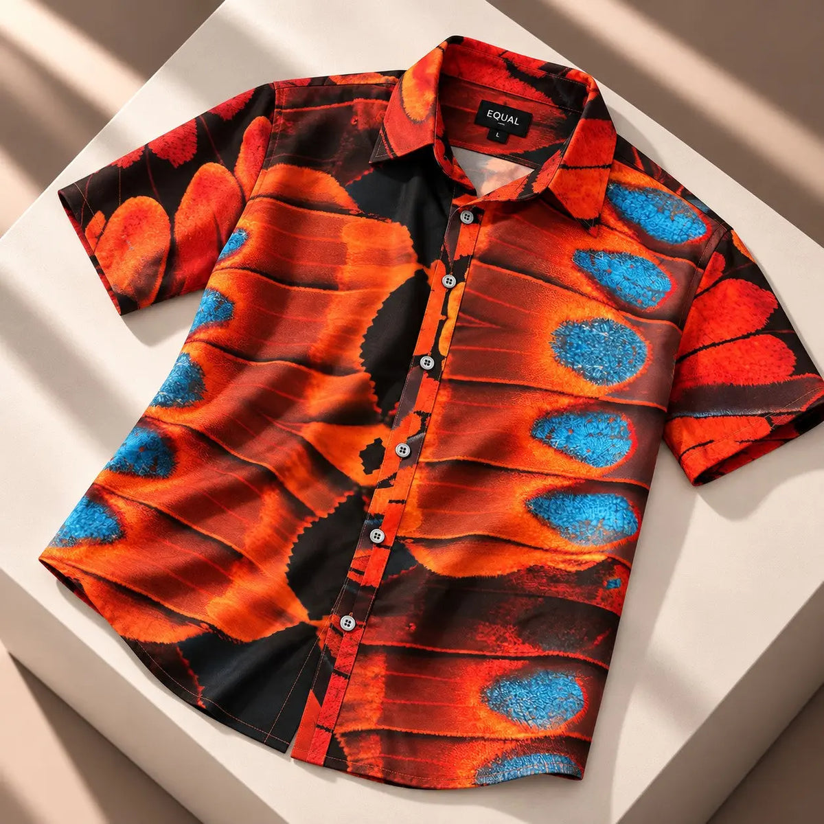 Camisa Essence Naranja Solar – camisa de playa para hombre manga corta, estampado mariposa EQUAL Swimwear