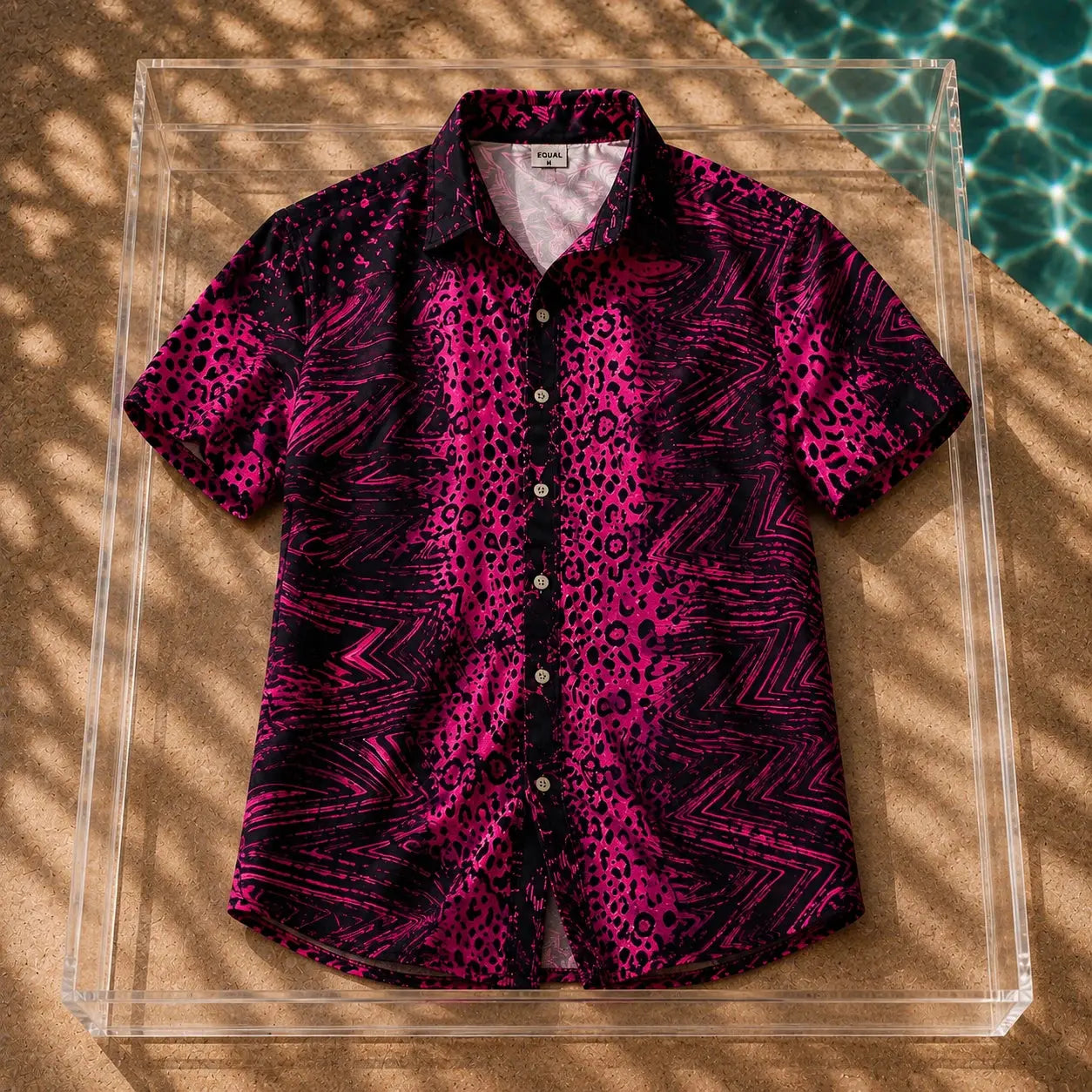 Camisa Essence vista en primer plano – Equal Swimwear, camisa estampada para playa y alberca