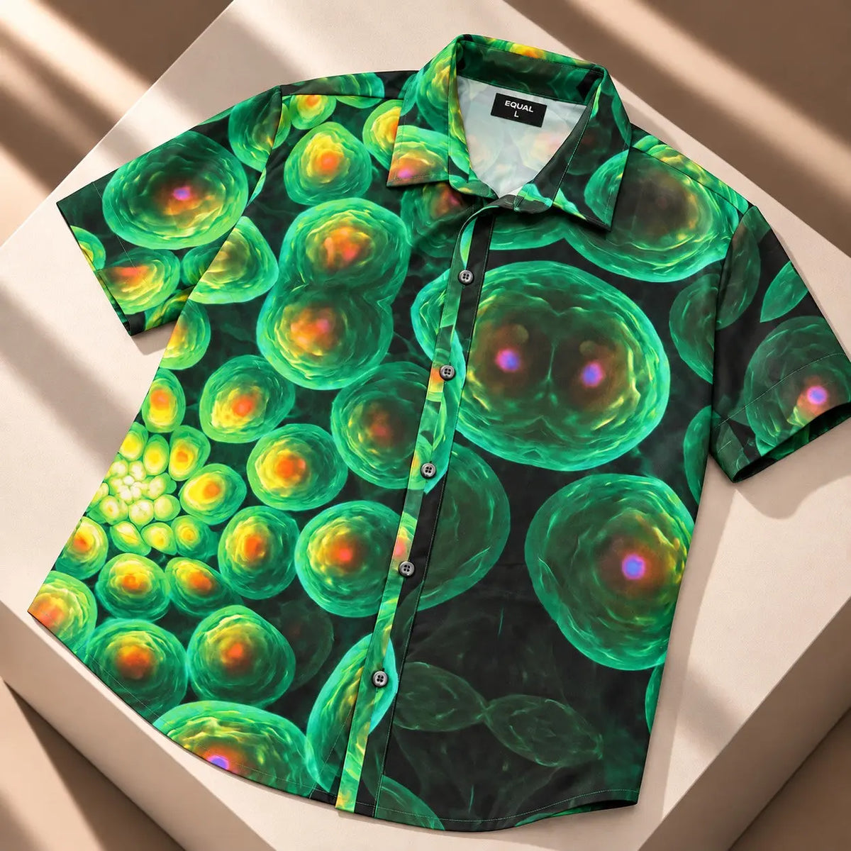 Camisa Essence Verde Psique – camisa de playa para hombre manga corta, estampado exclusivo EQUAL Swimwear