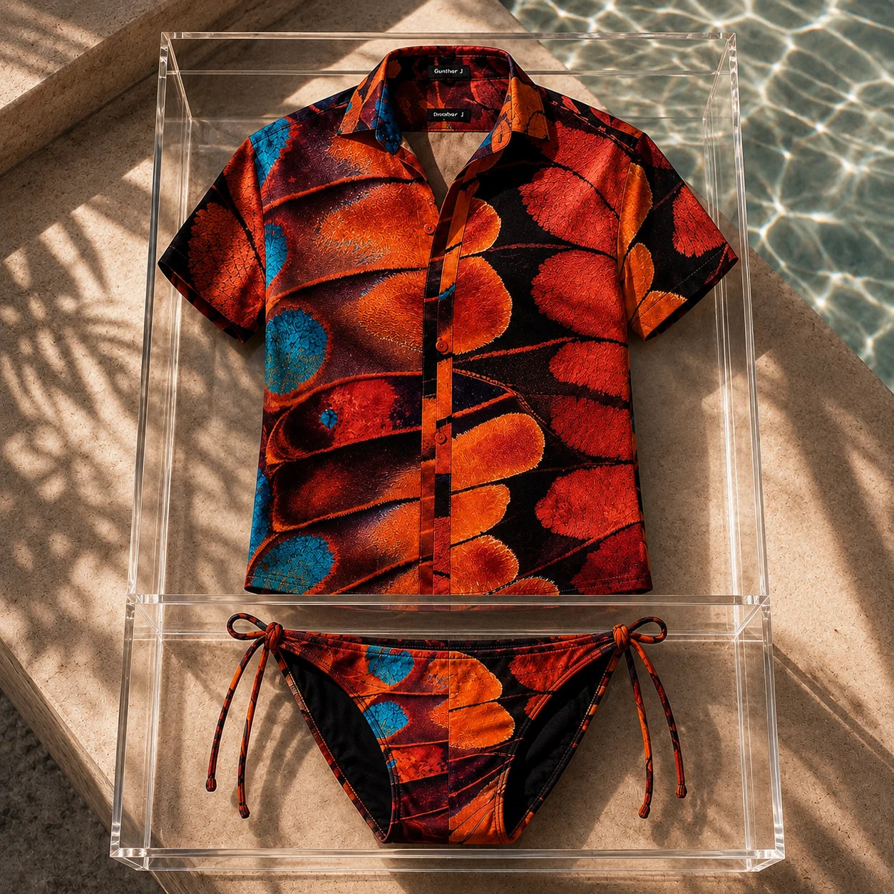Conjunto Essence Naranja Solar detalle – Equal Swimwear, set de bikini y camisa estampada diseñada en México