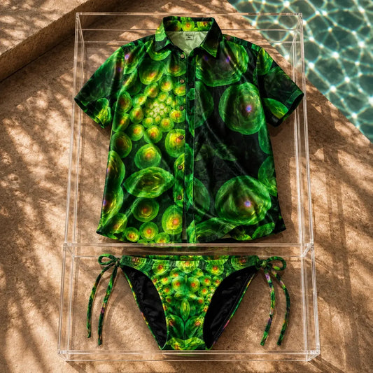 Conjunto Essence Verde Psique detalle – Equal Swimwear, set de bikini y camisa estampada para hombre