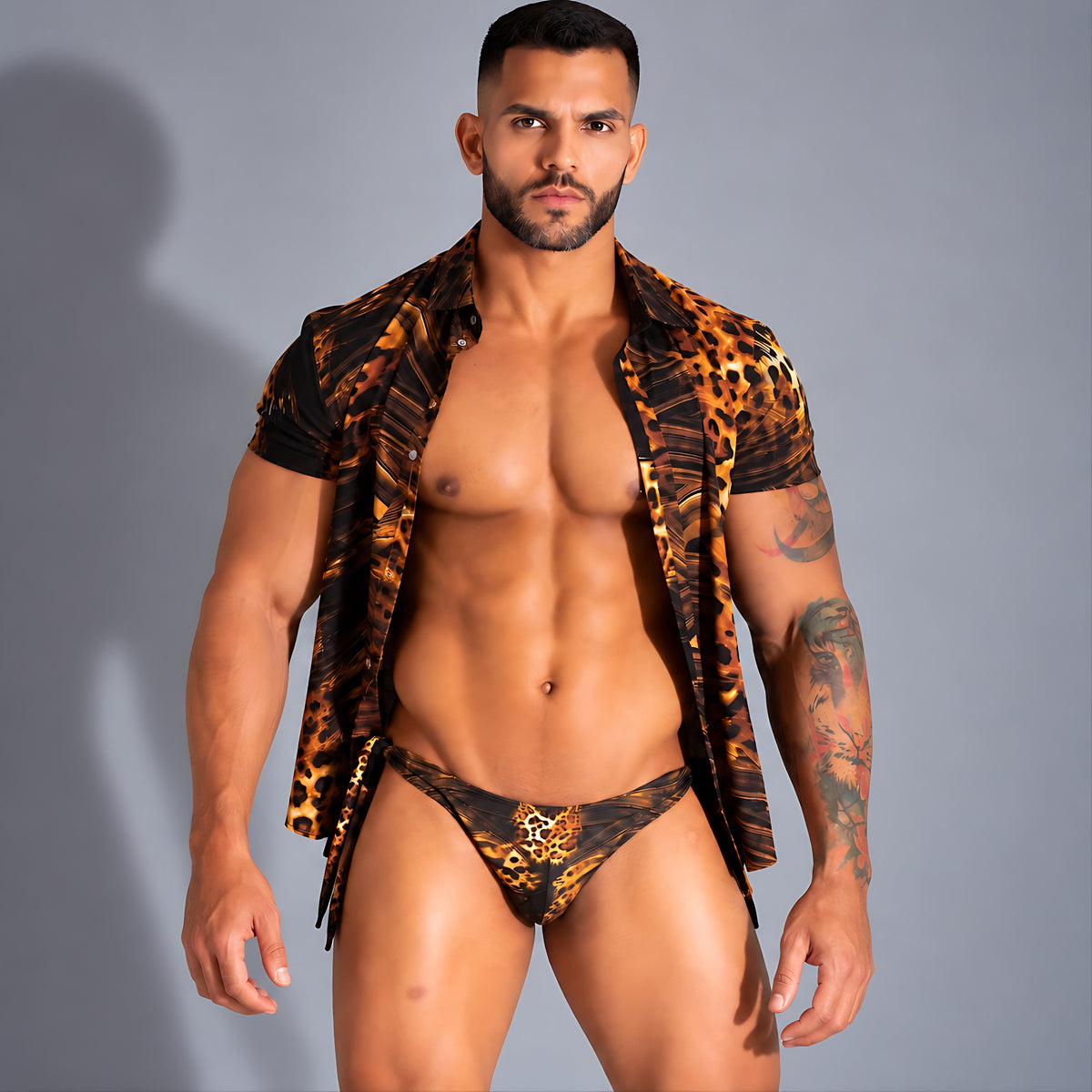 Conjunto Essence Jaguar Ocre para hombre, camisa y bikini de tiras café con estampado animal print – EQUAL Swimwear
