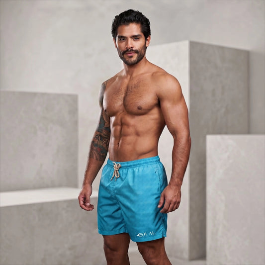 Short Fresh Azul hombre, vista de producto con estampado hexagonal – EQUAL Swimwear