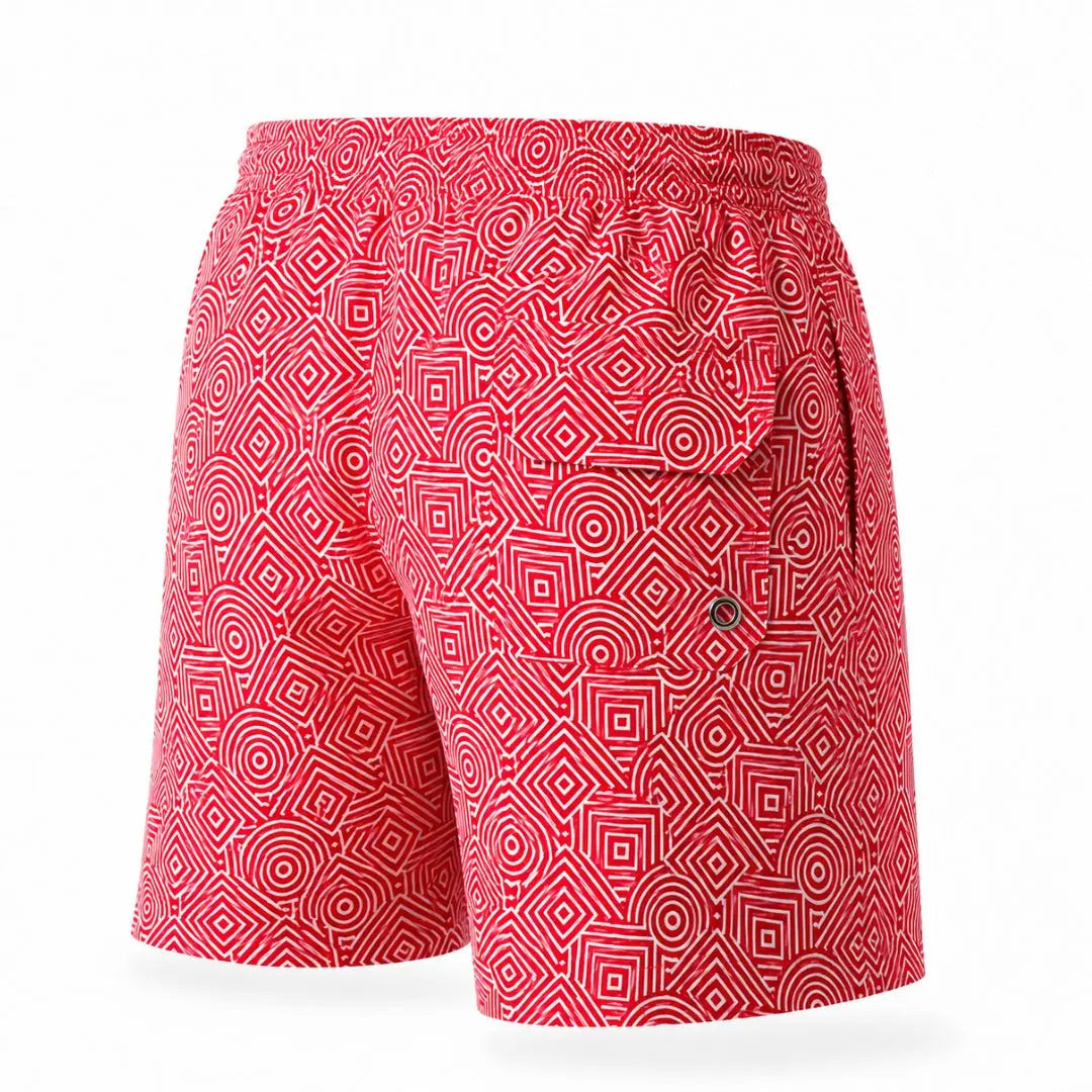 Short Geométrico Rojo detalle del estampado – Equal Swimwear, ropa de playa para hombre, corte cómodo
