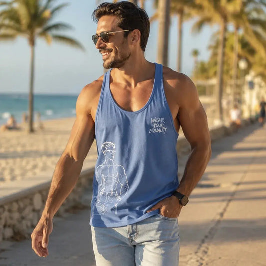 Tank Top Azul Tirantes Edición Limitada Pride vista de producto – Equal Swimwear, tela ligera